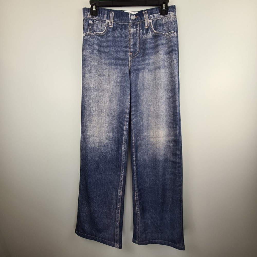 Mila Rosabella Womens Blue Trompe L'oeil Faux Denim Print Wide Leg Pants Size M